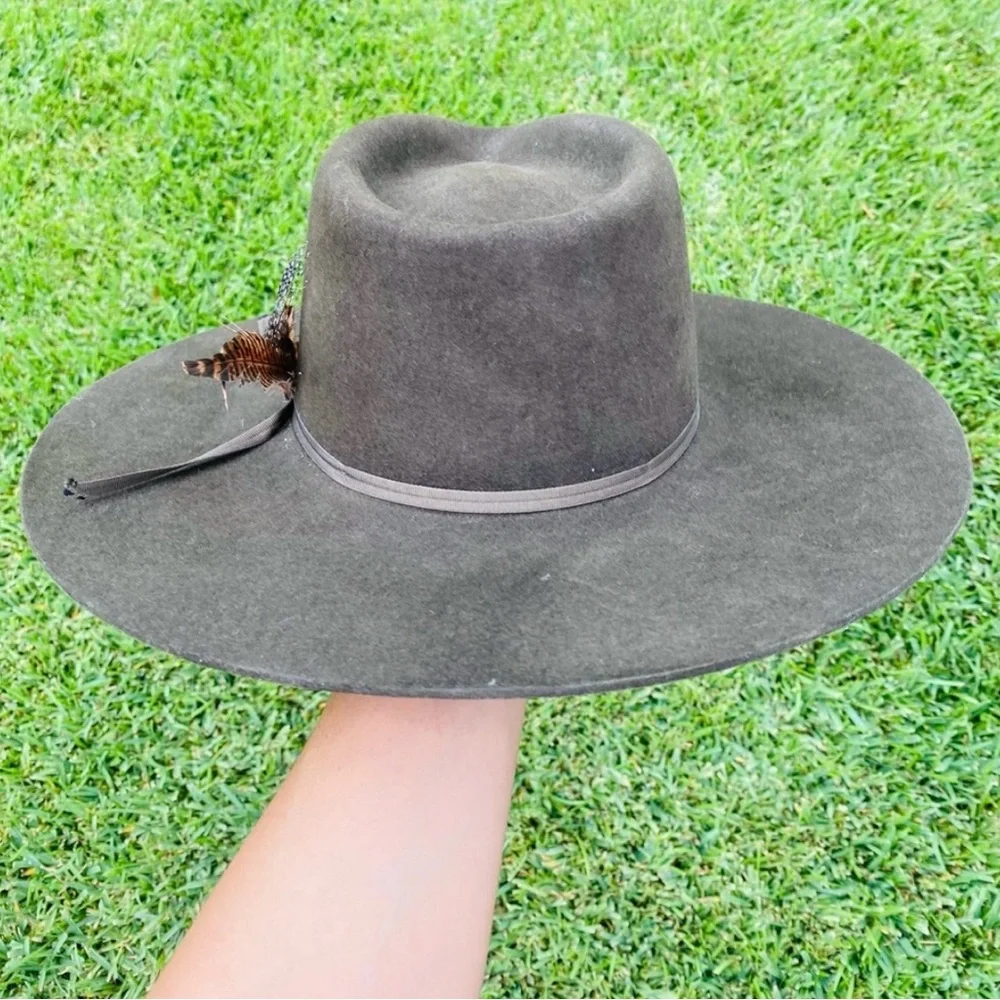 Authentic Custom Stetson Rabbit Felt Fur Green Sage Western Flat Brim Hat - Picture 5 of 11